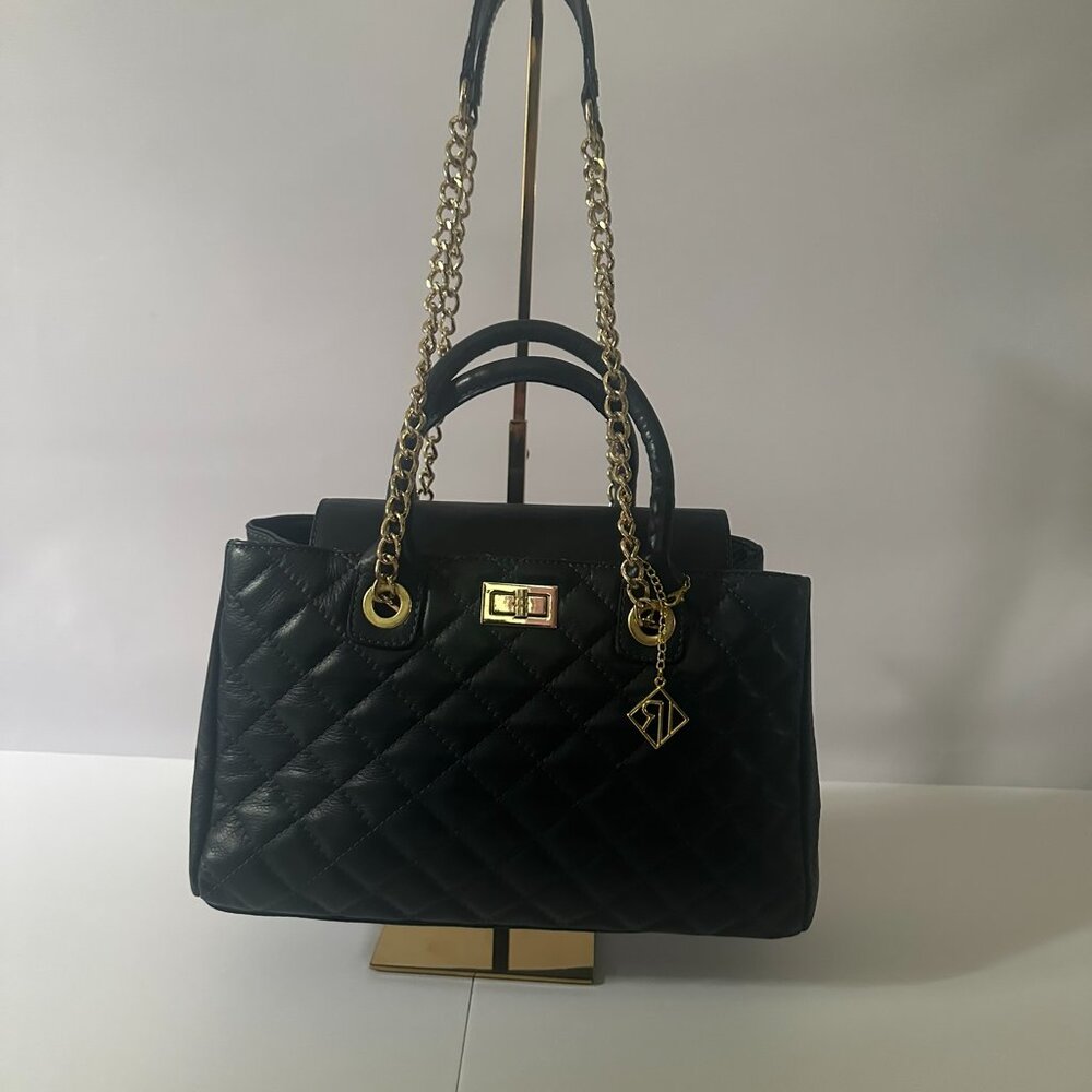 Isabella Rhea Italian Leather Chain Strap Satchel Bag Dark Navy
